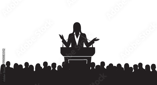 silhueta de mulher falando ao microfone em púlpito para multidão conceito liderança comunicação e oratória em publico