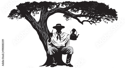 silhueta de um gaúcho do rio grande do sul sentado abaixo de uma árvore tomando chimarrão tradição e cultura sulista isolado sobre fundo branco