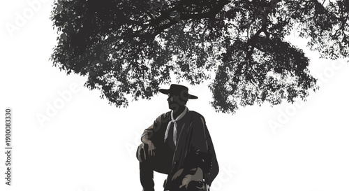 Fazendeiro com Chapéu Sentado sob Árvore no Campo — Vida Rural Silhueta