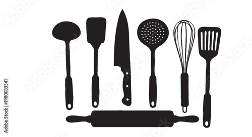 Conjunto de Utensílios de Cozinha — Espátula, Faca, Concha e Fouet Silhueta