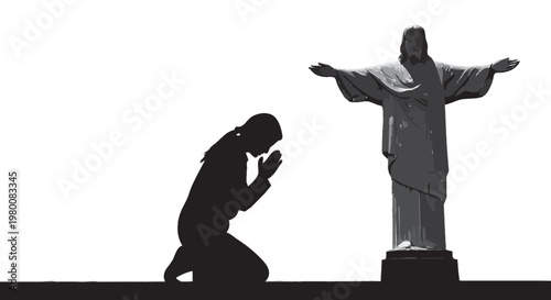 Mulher Ajoelhada em Oração e Figura com Braços Abertos — Espiritualidade e Fé Silhueta