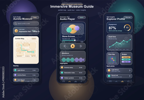 Museum guide mobile app UI with audio tour and exhibit map