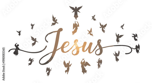 banner de jesus com anjos ao redor isolado em fundo branco conceito religioso espiritual