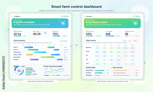 Smart farm control dashboard with irrigation and crop sensors