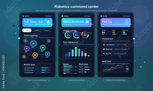 Robotics command center dashboard UI with swarm analytics
