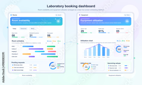 Laboratory booking dashboard UI with room and equipment scheduling