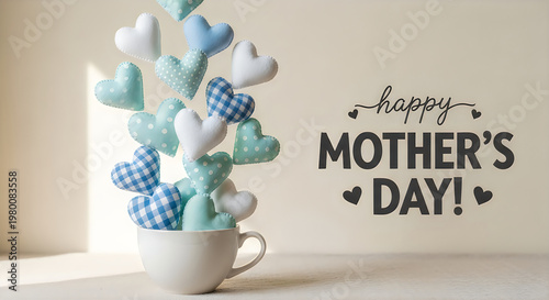Handmade blue and white polka dot heart-shaped balloon bouquet in white mug for Mother's Day celebration