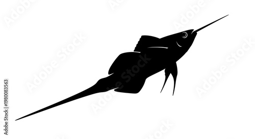 Silhouette of a swordfish with a long pointed bill and sharp fins isolated on a clean white background showcasing its sleek aerodynamic form and powerful predatory nature