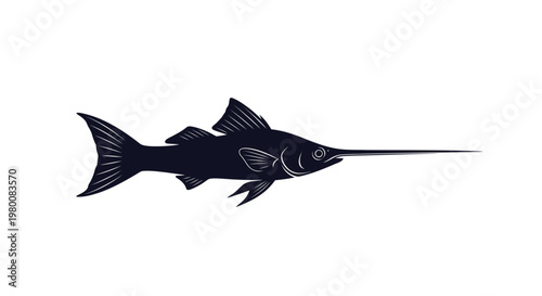 Silhouette of a majestic swordfish with its characteristic long bill depicted in a dynamic side profile against a clean white background symbolizing ocean life fishing and the sea
