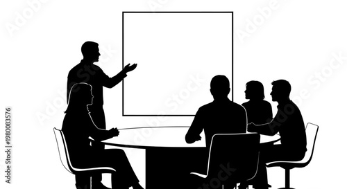 Diverse team in silhouette attends a presentation or meeting around a circular table with a leader gesturing towards a blank whiteboard screen in a modern office setting
