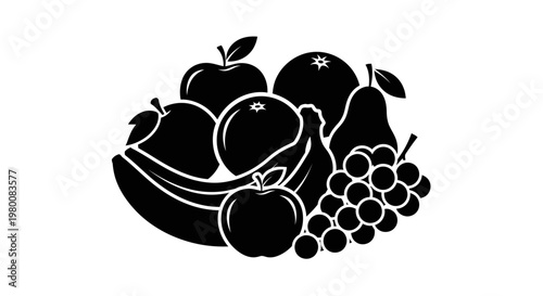 A vibrant black and white graphic illustration showcases a bountiful assortment of fresh ripe fruits including apples pears bananas grapes and oranges artfully arranged in a still
