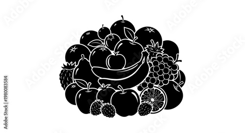 Vibrant assortment of fresh ripe fruits including apples bananas grapes oranges pears strawberries and raspberries artfully arranged in a circular composition against a clean