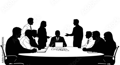 Diverse business professionals in silhouette gathered around a large conference table engaged in discussion and collaboration during a modern corporate meeting conveying teamwork