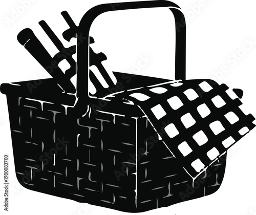 Picnic Basket Vector Illustration with Gingham Cloth and Utensils in Black and White Silhouette Style
