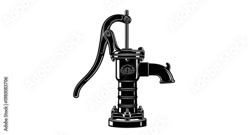 Vintage cast iron well water pump with ornate detailing and robust lever mechanism isolated on a clean white background evoking rustic charm and historical resourcefulness