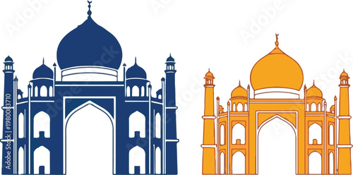 Taj Mahal Islamic Architecture Vector Icons - Blue and Gold Silhouette Set