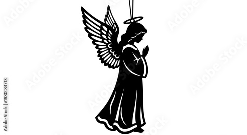 Elegant silhouette of a praying angel with detailed feathered wings and a halo suspended against a pure white background symbolizing hope faith and divine connection