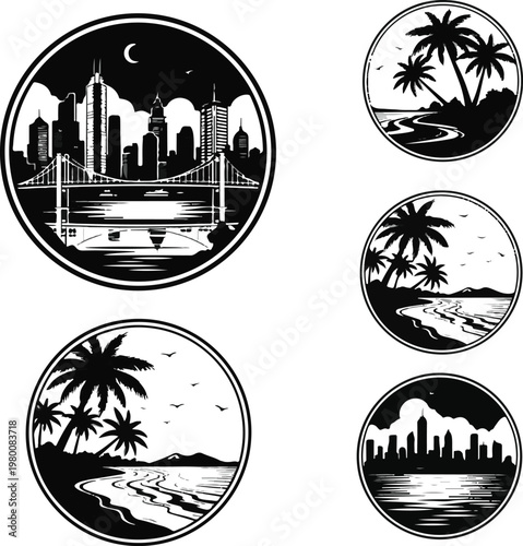 Εκτύπωση καμβά City Skyline and Tropical Beach Vacation Circular Vector Icons Set - Black and W