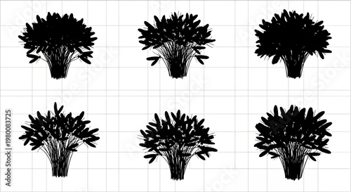 Six silhouette illustrations of lush green grass clumps and bushy plant silhouettes isolated on a white grid background graphic design elements for nature concepts and garden