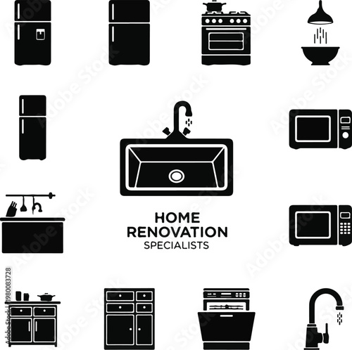 Kitchen appliances and home renovation icons set, black silhouettes of interior furniture and equipment on white background