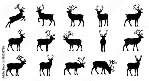 Collection of diverse silhouette deer poses and antler styles isolated on a clean white background representing nature wildlife and winter themes with artistic simplicity