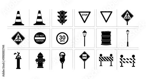 Collection of diverse traffic and street safety symbols including cones stop signs traffic lights street lamps hydrants parking meters and road barriers presented in a clean