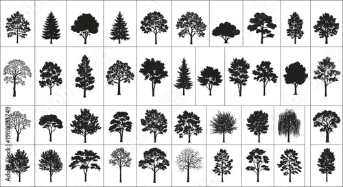 Diverse collection of black silhouette tree icons representing various species and styles for graphic design and nature themed projects isolated on white background with clean