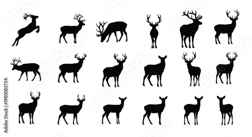 Collection of diverse deer silhouettes in various poses and antler styles showcasing graceful movement and majestic stance against a clean white background for design elements