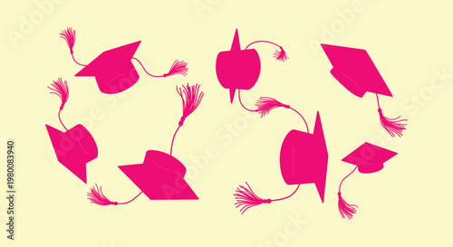 Pink Graduation Caps Mortarboards with Tassels Flying on Light Yellow Background Vector Illustration