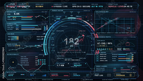 Futuristic pursuit vehicle tracking HUD interface