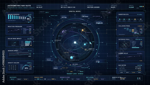 Futuristic astrometric spacecraft navigation dashboard with orbital model, transit trajectory display, collision probability panels and deep space telemetry