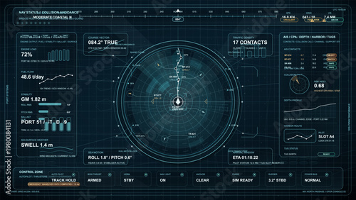 Futuristic marine navigation dashboard interface with radar display, vessel traffic monitoring, course vector data, engine metrics, sea state information and autonomous ship control panels