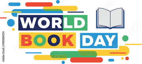 World book day celebration an open book and colorful geometric design