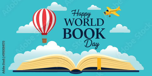 Happy world book day celebration with hot air balloon and open book
