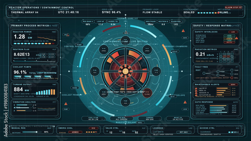 Futuristic reactor control dashboard with thermal core display