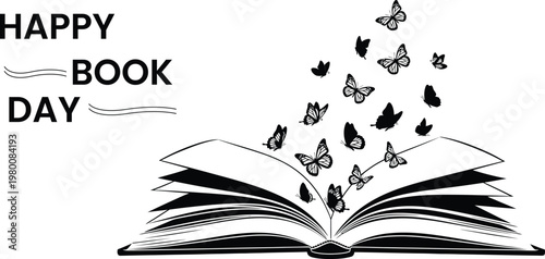 Happy book day an open book releases butterflies into the air