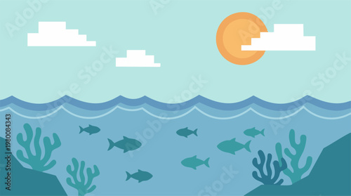 Minimalist Flat Design Illustration of an Ocean Ecosystem with Marine Life