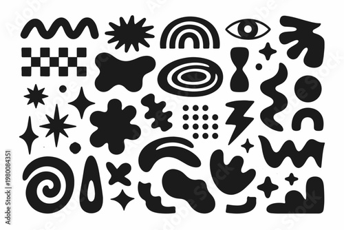 Abstract Black Shapes Collection on White Background. Hand-Drawn Minimalist Forms, Retro Y2K Aesthetic Doodles, Stars, Spirals, Squiggles, and Geometric Elements for Modern Graphic Design Projects.