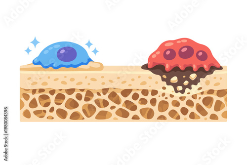 Bone remodeling process illustration showing osteoblasts synthesizing new bone tissue and osteoclasts removing or resorbing bone tissue in a cross-section of human bone anatomy for medical education