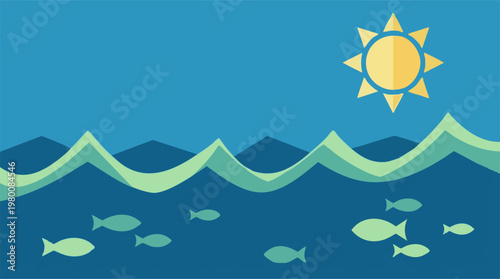 Minimalist flat design illustration of ocean, sun, waves, and swimming fish