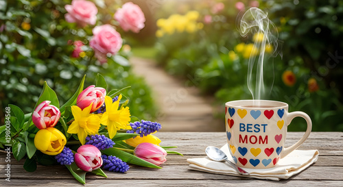Bright Mother's Day bouquet with colorful mug and steaming coffee on wooden table outdoors