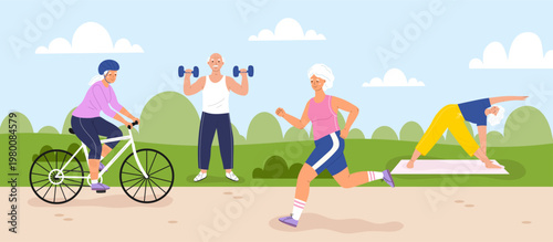 Group of active seniors exercising in a park. Elderly people cycling, running, lifting weights, and doing yoga. Healthy lifestyle and retirement fitness concept.