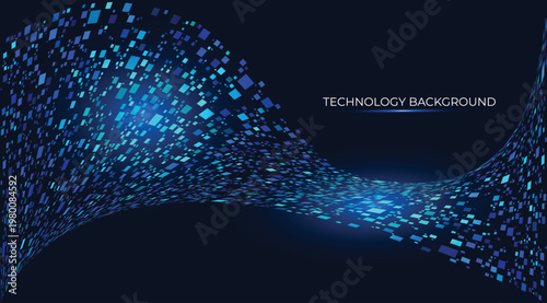 Innovative blue wave curve data transmission background with luminous squares grids simulating moving streams. Dynamic grids pulse for technology, cloud, AI visuals. Seamless, high-tech, UI, UX design