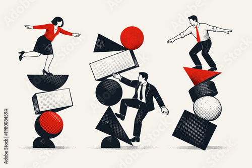 Business Professionals Balancing on Unstable Stacks of Geometric Shapes, Concept of Risk Management, Career Challenges, and Financial Stability in a Retro Halftone Vector Illustration Style.