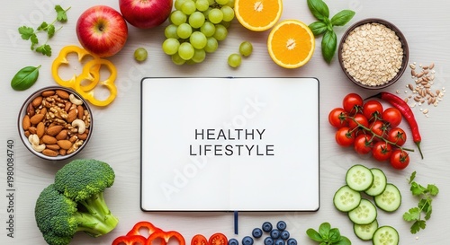 A flat lay composition featuring an open notebook with 