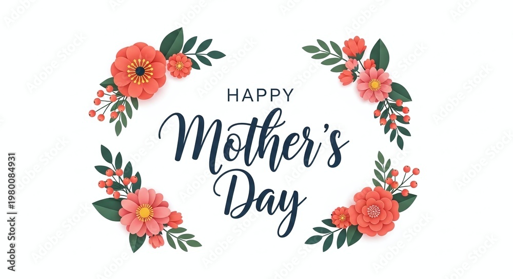 Fototapeta premium Happy mothers day greeting card with paper cut flowers isolated on white background