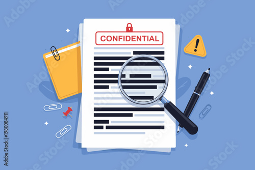 Redacted Confidential Document Illustration with Magnifying Glass, Pen, and Warning Sign. Simple Flat Vector for Data Privacy, Security, Investigation, Censorship, and Classified Information.