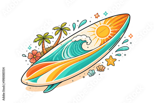Colorful hand drawn surfboard vector with single fin, featuring ocean wave, sun, palm trees, hibiscus flower, and seashells, perfect for summer beach vacation and tropical surfing advertisements.