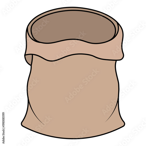 Empty large canvas sack. Brown cloth bag for potatoes and other gardening needs. Color vector illustration. Isolated on white background. Idea for web design.