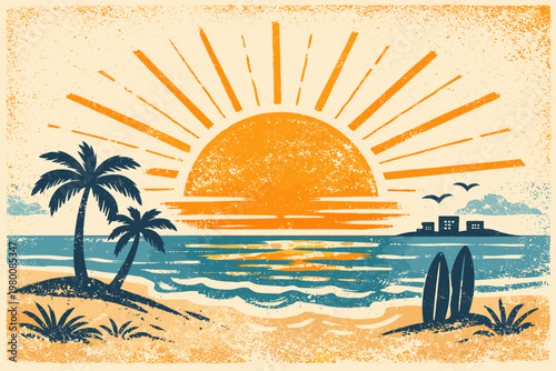 Vintage Retro Tropical Beach Illustration featuring a Large Glowing Sun, Palm Trees, Surfboards, and Ocean Waves. Distressed Grunge Style Summer Paradise Sunset Scene for Apparel and Posters.
